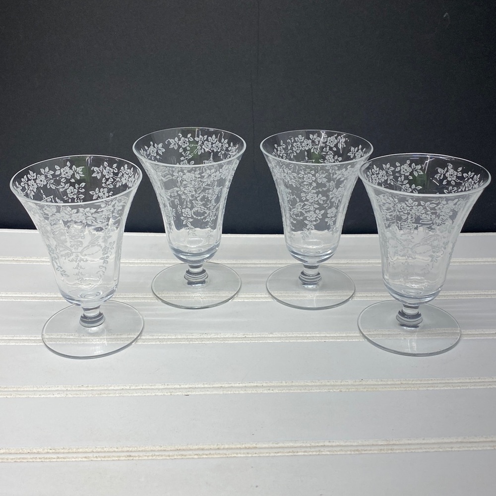 Morgantown Mikado Juice Glass Floral Etched Glasses Set of Four
